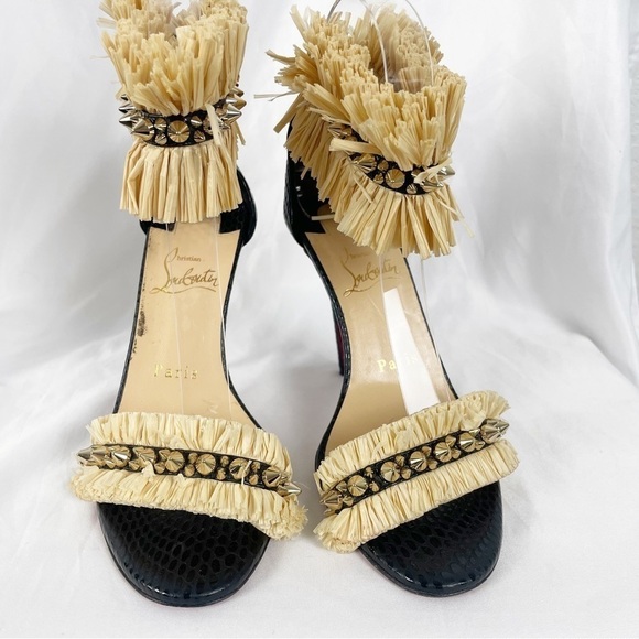 Christian Louboutin Poupedou Raffia Open Toe Leather Stiletto Heels Black EU 36 - Picture 4 of 12